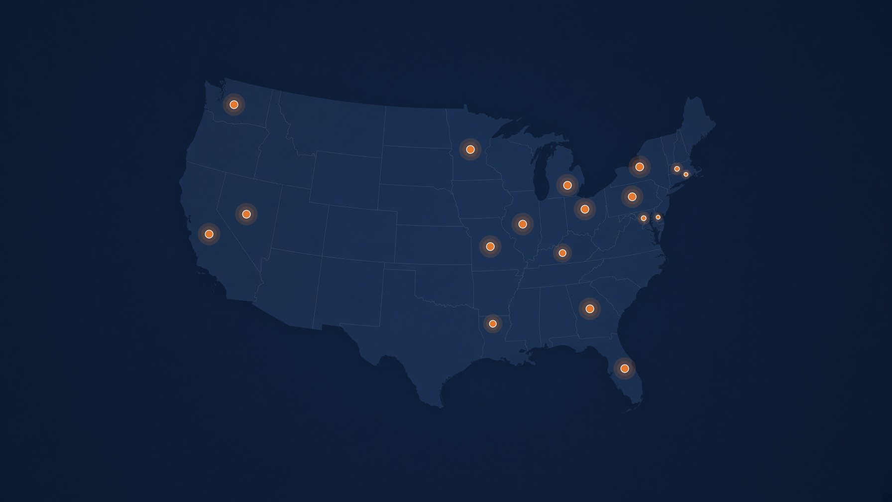Stylized map of the United States with a marker in each state where we have at least one inspection source